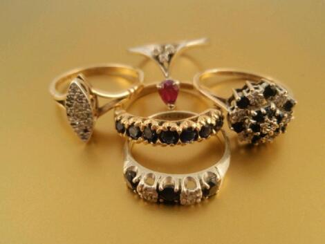 Five various 9ct gold stone set dress rings