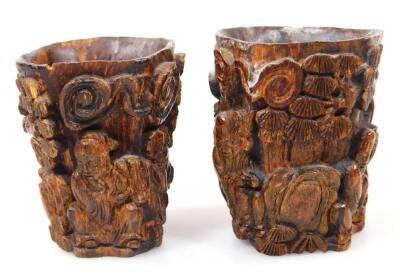 Two early 19thC carved Chinese wooden cups - 4