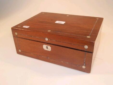 A 19thC mahogany box, rectangular, inlaid with mother-of-pearl, the interior