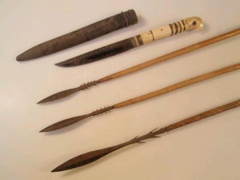 Three Amazonian lightweight spears with severed flights approximately 31" long