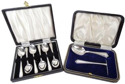 A George VI silver christening medicine spoon and pusher set