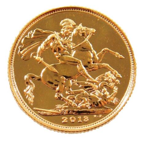 An Elizabeth II gold full sovereign 2013.