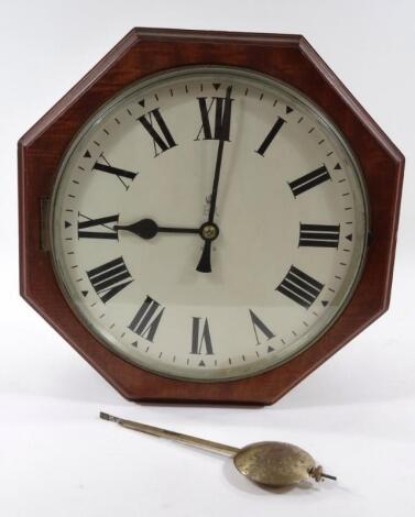 A GPO late 20thC mahogany octagonal cased double sided wall clock