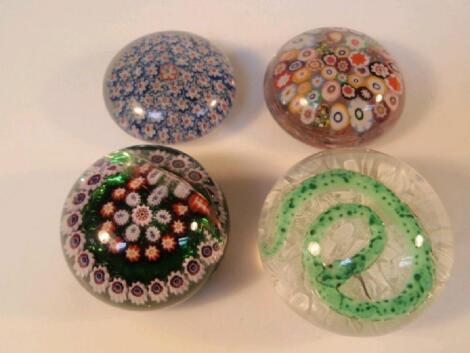 Paperweights - one with scattered white muslin with speckled green coiled snake