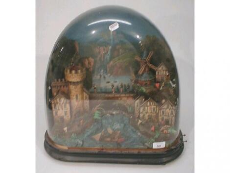 A Victorian glass dome diarama with mechanical music movement