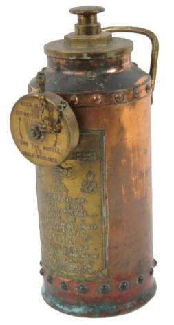 An early 20thC bygone copper and brass Petrolex fire extinguisher