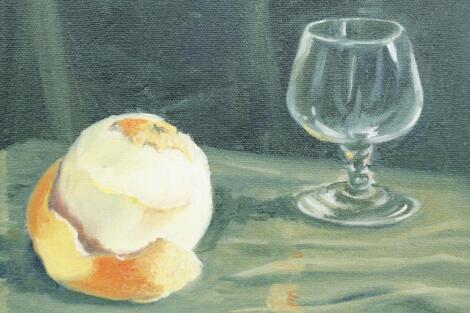 John Gray. A still life study of a peeled orange with wine glass