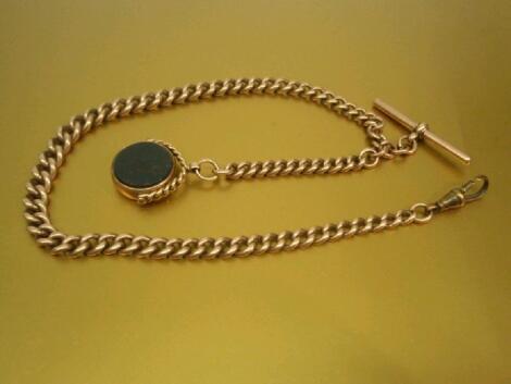 A 9ct gold flat curb Albert with t-bar and swivel bloodstone fob