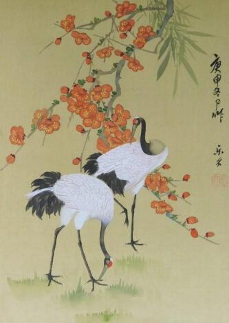 20thC Japanese School. Kutani crane before flowering buds