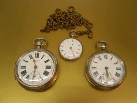 Two silver cased open faced pocket watches with enamelled dials