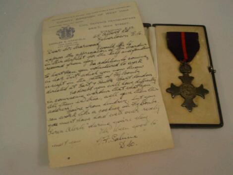 A cased military MBE together with accompanying letter from the Town Clerk