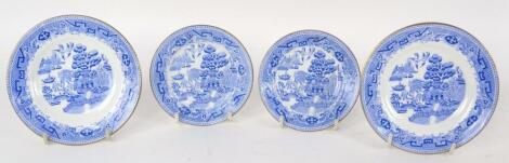 A part set of William Alsager Adderley & Co blue and white willow pattern plates 13cm dia and saucer