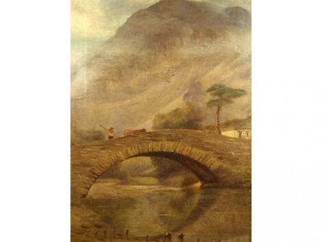 Anonymous (19thC school). Cattle and drover on a stone bridge