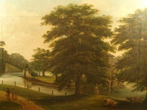 Anonymous (19thC school). Riverscape with figures in a country park