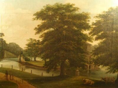 Anonymous (19thC school). Riverscape with figures in a country park