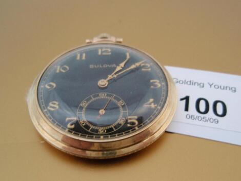 A Bulova open face dress pocket watch with black dial and subsidiary second hand