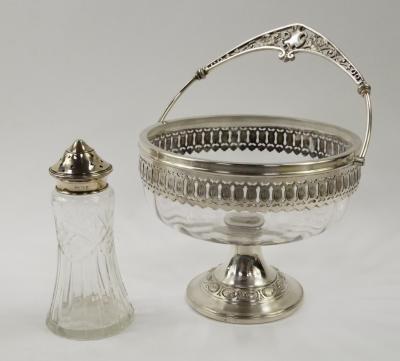 A George V cut glass sugar with silver mount and lid