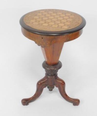 A Victorian walnut and inlaid trumpet shaped sewing and games table