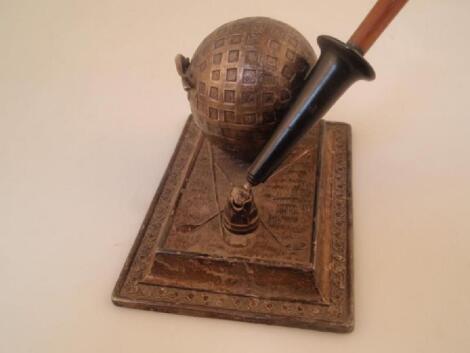 A Japanese white metal ink stand with golf ball ink well