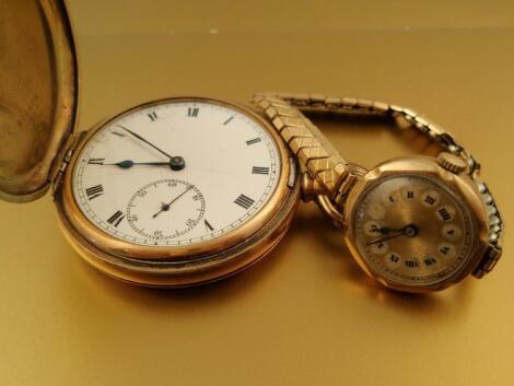 A ladies gold cased 1930's wristwatch and a gold plated hunter pocket watch (glass missing