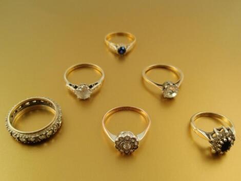 Six dress rings mainly gold plated on silver