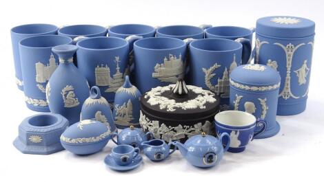 Various Wedgwood blue Jasperware commemorative and other tankards