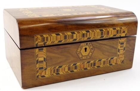 A late 19thC Tunbridge style walnut and inlaid jewellery casket