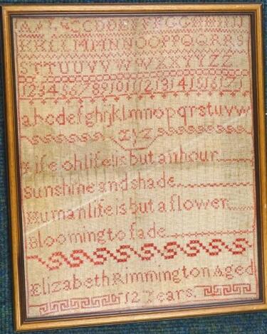 A 19thC red stitched sampler by Elizabeth Rimington aged 12 years