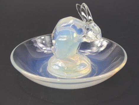 An R Lalique opalescent glass hare dish