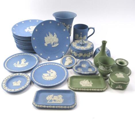 Various Wedgwood blue and green Jasperware