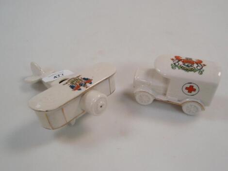 A Shelley china crested model of a WWI aeroplane with Blackpool crest