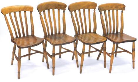 A set of four late 19thC lathe back kitchen type chairs