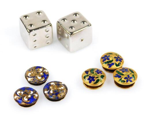 Two sets of three enamel collar studs