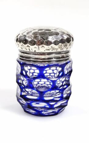 An Edwardian silver blue and clear flash glass perfume jar
