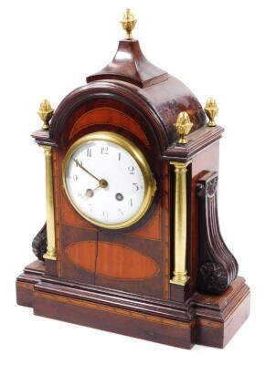 A 19thC mahogany satinwood and boxwood strung mantel clock