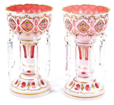 A pair of 19thC Bohemian milk ruby and coloured glass lustres