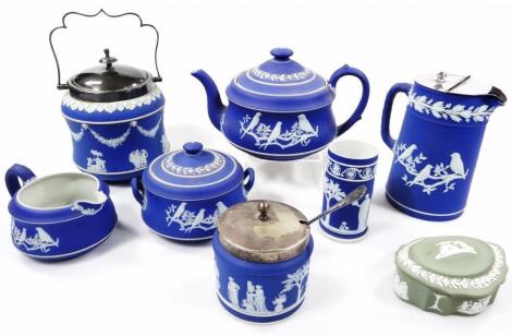 Various 19thC dark blue Wedgwood Jasperware items