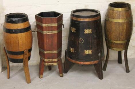 Four various coopered oak and other barrels