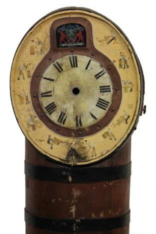 A long case clock formed as a coopered stained oak barrel