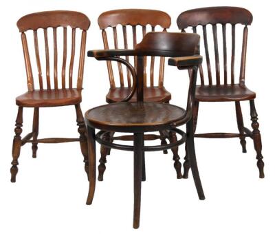 Three various late 19thC ash and elm kitchen chairs