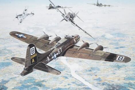 After Geoff Pleasance. American B-17 Bombers and Messerschmitt in combat