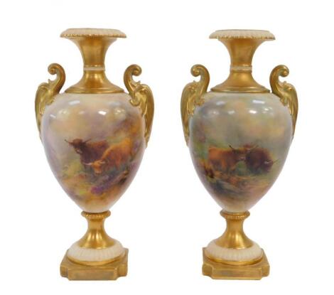 A pair of Royal Worcester porcelain vases painted by H Stinton