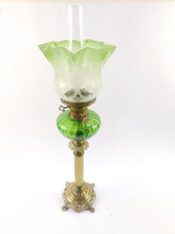 A Hinks's Duplex green glass brass and onyx oil lamp