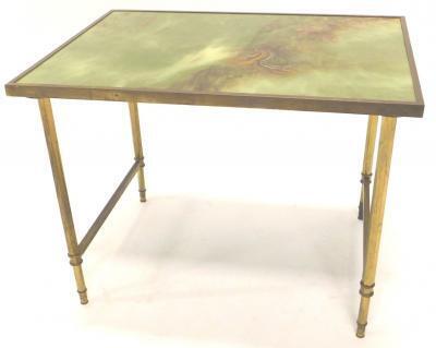A brass and simulated onyx coffee table with tubular supports. 61cm W.