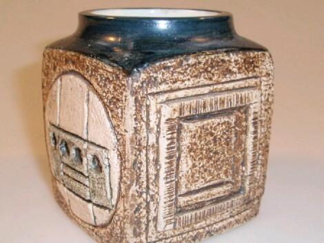 A Troika marmalade jar of square form with typical side painted panels