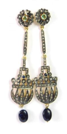 A pair of diamond and gem set drop earrings