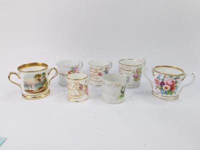 A group of mid 19thC porcelain and pottery mugs and loving cups