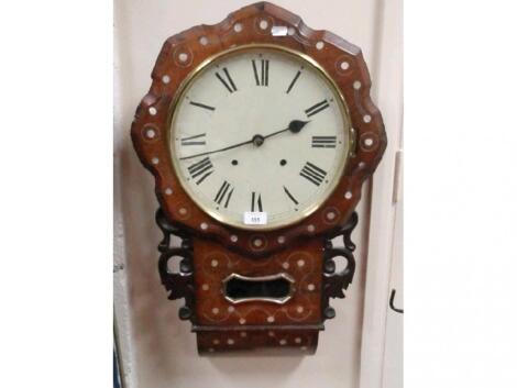 A Victorian mother of pearl inlaid rosewood drop dial wall clock 70 cm high