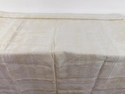 A Victorian damask tablecloth depicting Stephenson's Rocket