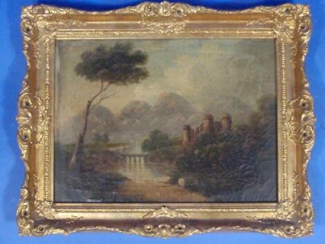 19thC English School. Landscape with castle